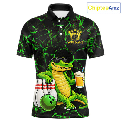 Black And Green Funny Alligator Bowling Shirt For Men Custom Lightning Bowling Team Jersey TDM6141