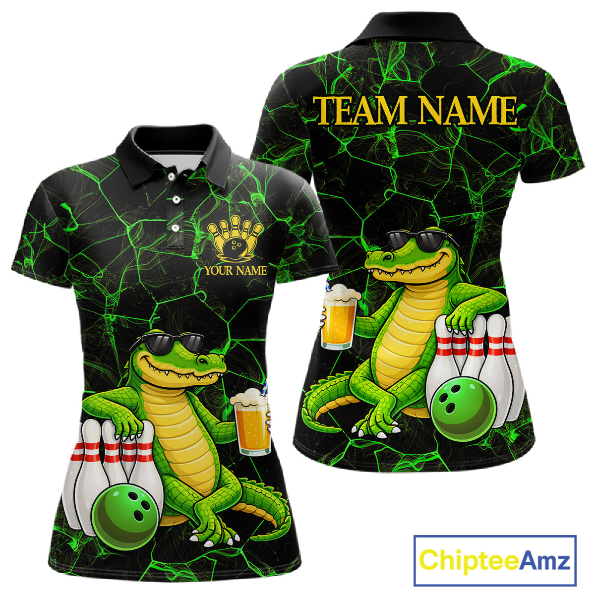 Black And Green Funny Alligator Bowling Shirt For Women Custom Lightning Bowling Team Jersey TDM6141