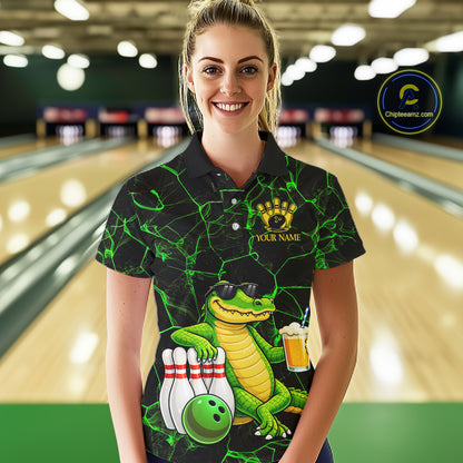 Black And Green Funny Alligator Bowling Shirt For Women Custom Lightning Bowling Team Jersey TDM6141