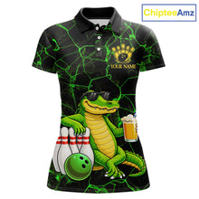 Load image into Gallery viewer, Black And Green Funny Alligator Bowling Shirt For Women Custom Lightning Bowling Team Jersey TDM6141