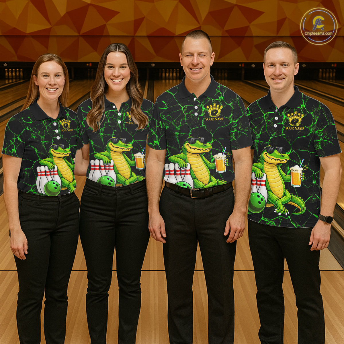 Black And Green Funny Alligator Bowling Shirt For Men Custom Lightning Bowling Team Jersey TDM6141