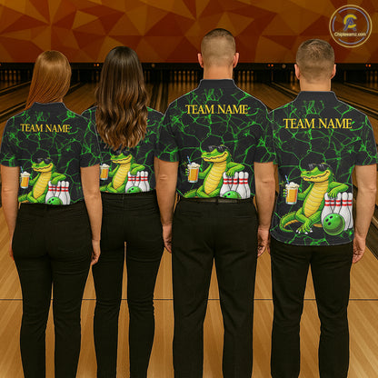 Black And Green Funny Alligator Bowling Shirt For Men Custom Lightning Bowling Team Jersey TDM6141