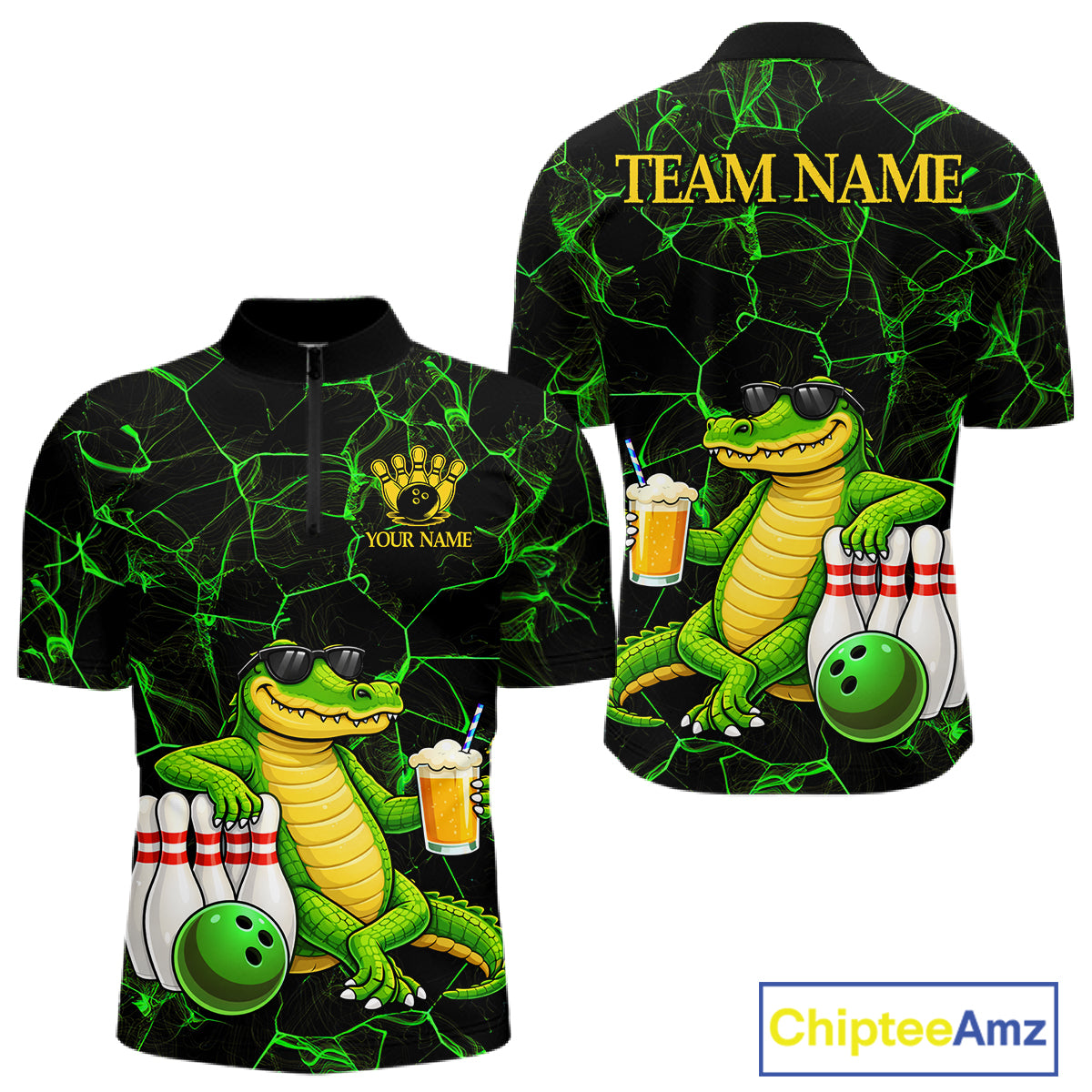 Black And Green Funny Alligator Bowling Shirt For Men Custom Lightning Bowling Team Jersey TDM6141