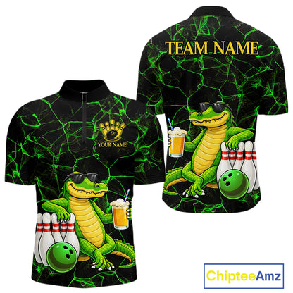 Black And Green Funny Alligator Bowling Shirt For Men Custom Lightning Bowling Team Jersey TDM6141
