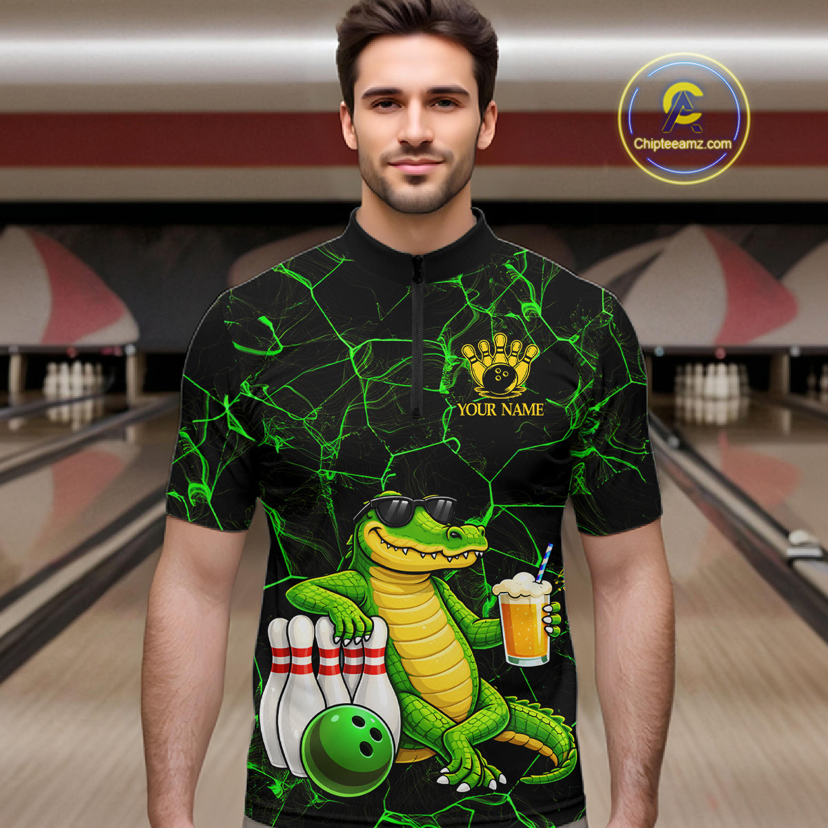 Black And Green Funny Alligator Bowling Shirt For Men Custom Lightning Bowling Team Jersey TDM6141