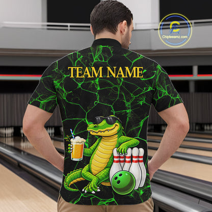 Black And Green Funny Alligator Bowling Shirt For Men Custom Lightning Bowling Team Jersey TDM6141
