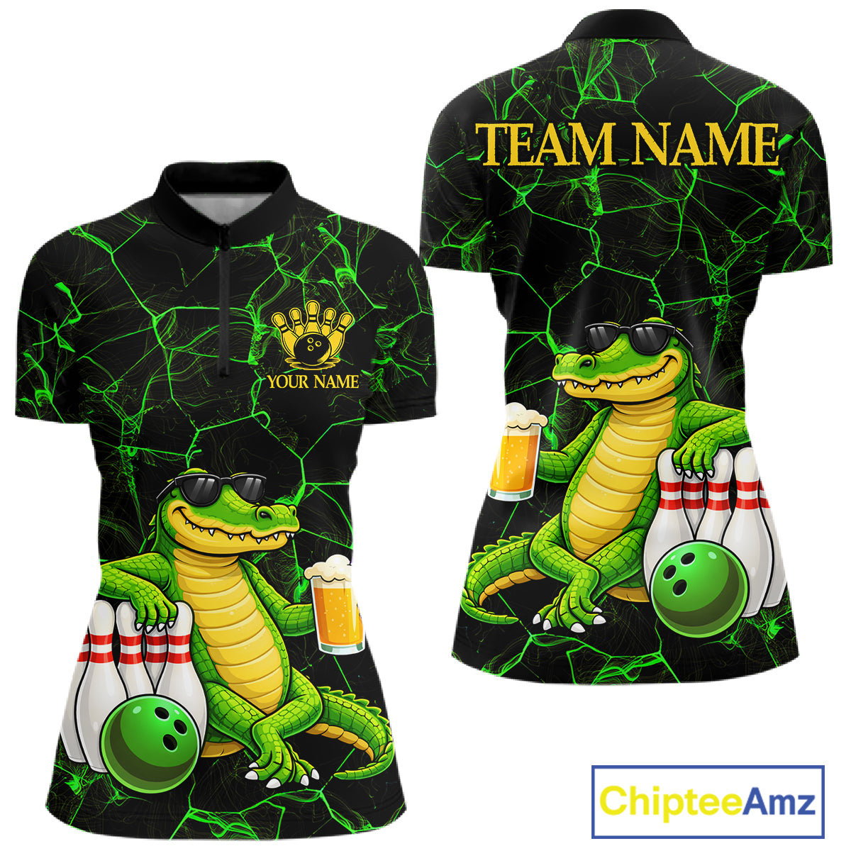 Black And Green Funny Alligator Bowling Shirt For Women Custom Lightning Bowling Team Jersey TDM6141