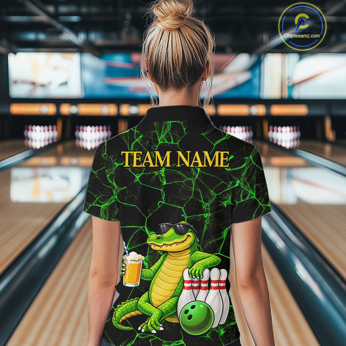 Black And Green Funny Alligator Bowling Shirt For Women Custom Lightning Bowling Team Jersey TDM6141