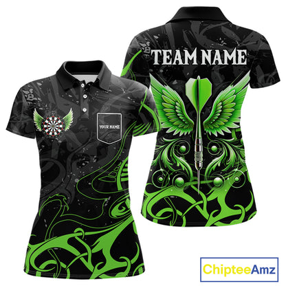 Black Green Custom Wings Darts Shirts For Women, Darts Jersey Pocket Option TDM4041