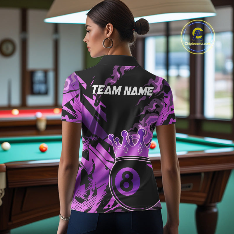Personalized Purple 8 Ball Crown Billiard Shirt For Women, Pool King Team Jerseys Polo & 1/4 Zip TDM4237