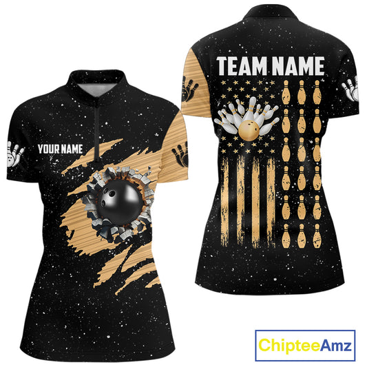 Custom Grunge American Flag Bowling Shirt For Women, Patriotic Bowling Team Jersey Polo & 1/4 Zip TDM4631