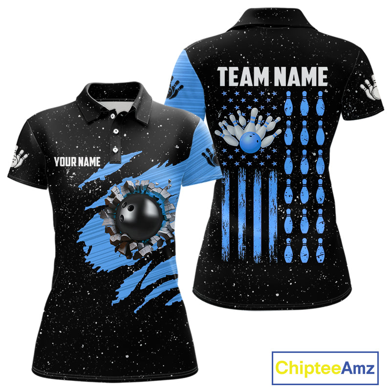 Custom Blue Grunge American Flag Bowling Shirt For Women, Patriotic Bowling Team Jersey Polo, 1/4 Zip TDM4632