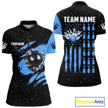 Load image into Gallery viewer, Custom Blue Grunge American Flag Bowling Shirt For Women, Patriotic Bowling Team Jersey Polo, 1/4 Zip TDM4632