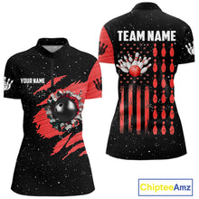 Load image into Gallery viewer, Custom Red Grunge American Flag Bowling Shirt For Women, Patriotic Bowling Team Jersey Polo, 1/4 Zip TDM4633