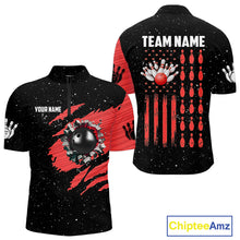 Load image into Gallery viewer, Custom Red Grunge American Flag Bowling Shirt For Men, Patriotic Bowling Team Jersey Polo, 1/4 Zip TDM4633