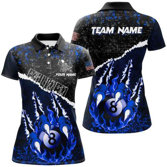 Funny Claws Custom Fire Flame 8 Ball Billiard Shirts For Women, Grunge Billiard Jerseys |Blue TDM2795