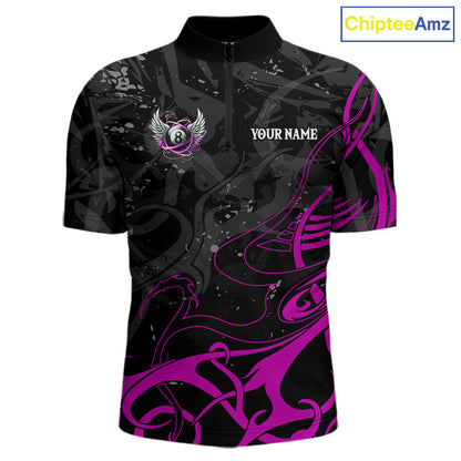 Black And Purple 8 Ball Wings Billiard Shirt For Men Custom Tribal Pool Jersey Team Polo & 1/4 Zip TDM5774