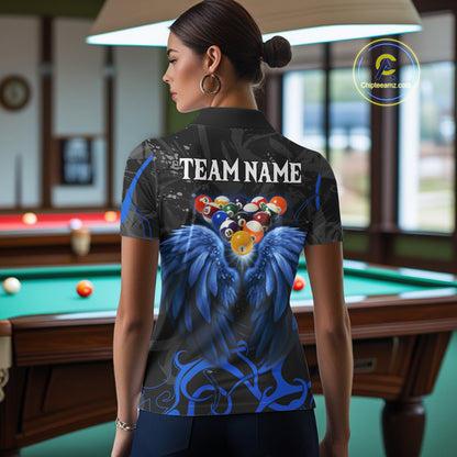 Black And Blue 8 Ball Wings Billiard Shirt For Women Custom Tribal Pool Jersey Team Polo & 1/4 Zip TDM5775