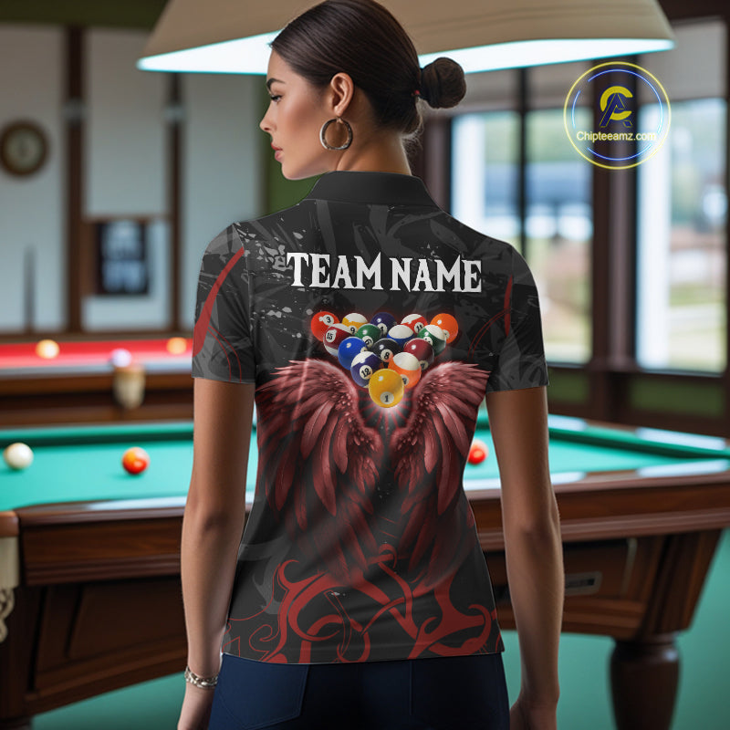 Black And Red 8 Ball Wings Billiard Shirt For Women Custom Tribal Pool Jersey Team Polo & 1/4 Zip TDM5776