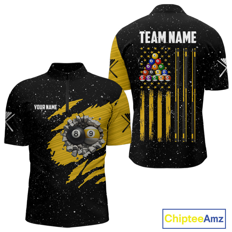 Yellow Black Grunge US Flag 8 Ball & 9 Ball Pool Men's Billiard Shirt Custom Billiard Team Jersey TDM5777