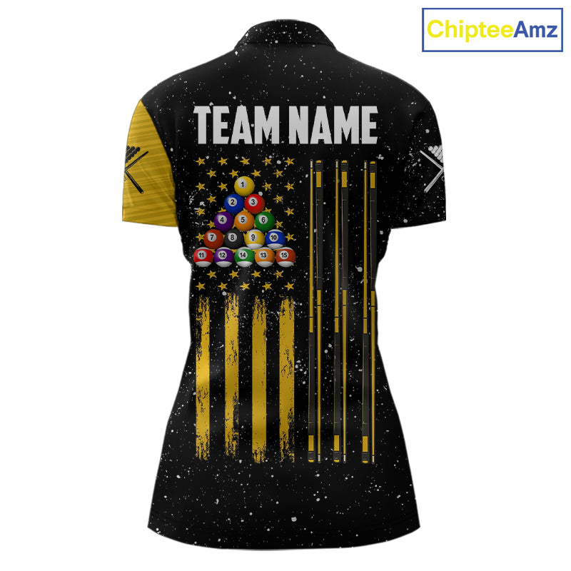 Yellow Black Grunge US Flag 8 Ball & 9 Ball Pool Women's Billiard Shirt Custom Billiard Team Jersey TDM5777