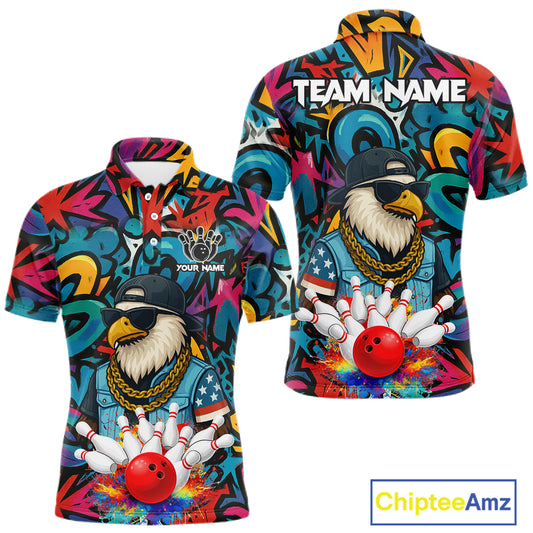 Funny Eagle Colorful Graffiti Bowling Shirt For Men Custom Bowling Team Jersey Polo & 1/4 Zpip TDM5784