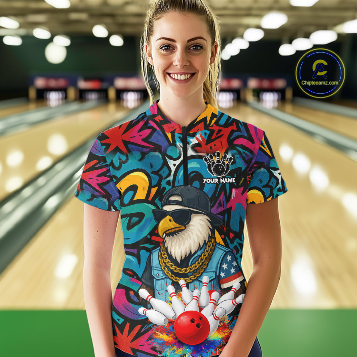 Funny Eagle Colorful Graffiti Bowling Shirt For Women Custom Bowling Team Jersey Polo & 1/4 Zpip TDM5784