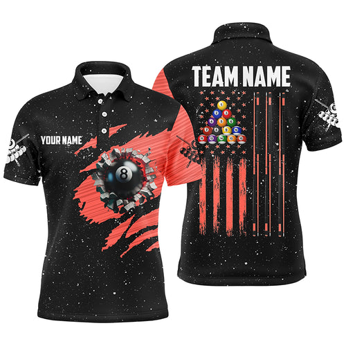 Customized Grunge American Flag 8 Ball Pool Men Billiard Polo Shirts, Pool Player Shirts |Red TDM1114