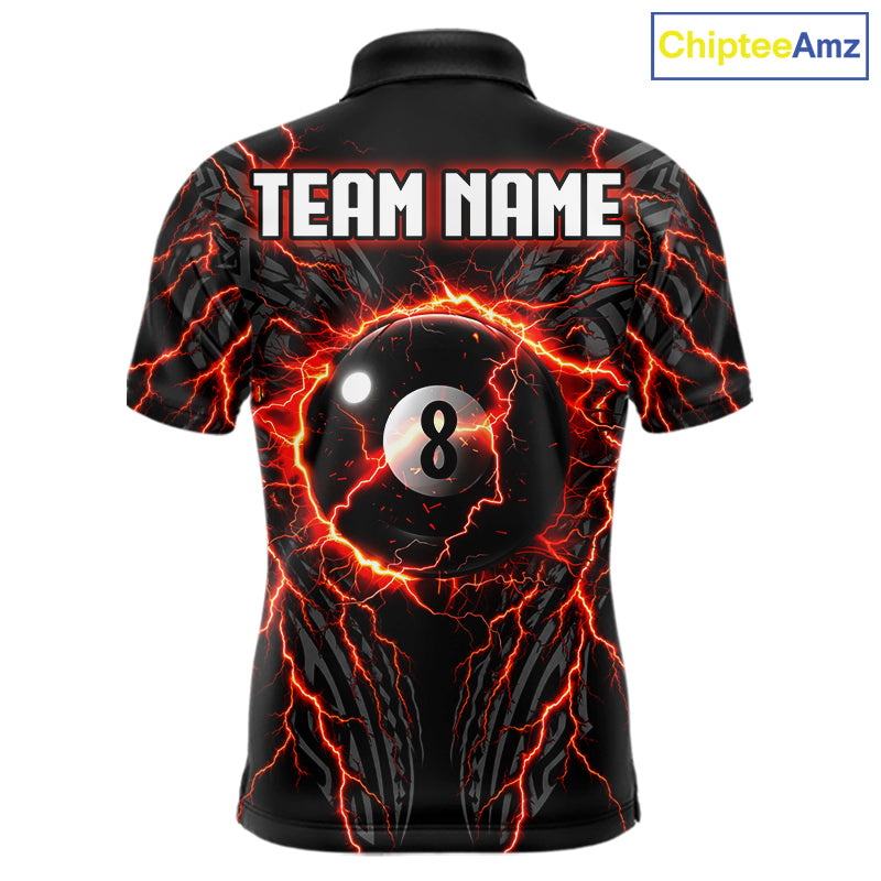 Thunder Lightning Tribal 8 Ball men's billiard polo shirt custom pool jersey, personalized billiards team apparel, tournament uniform