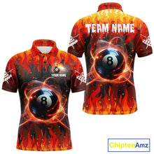 Load image into Gallery viewer, Red 8 ball fire flame billiard polo shirt for men with custom pool team graphics.