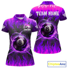 Load image into Gallery viewer, Purple 8 ball fire flame billiard polo shirt for women with custom pool team graphics.