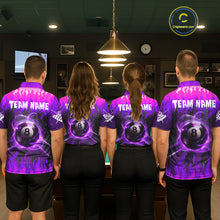Load image into Gallery viewer, Back view of pool players wearing matching purple fire flame billiard shirts in a game room