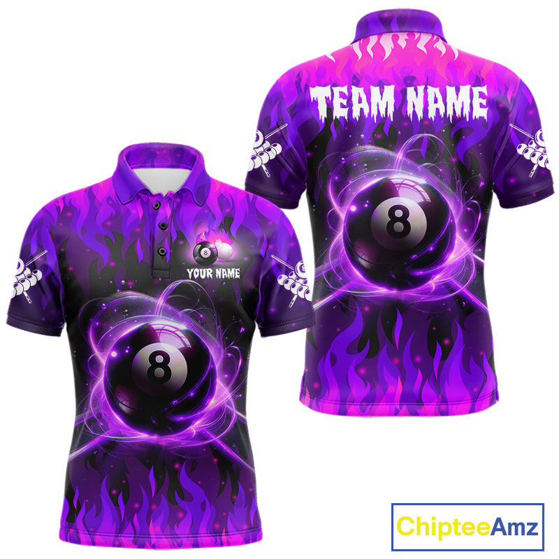 Purple 8 ball fire flame billiard polo shirt for men with custom pool team graphics.