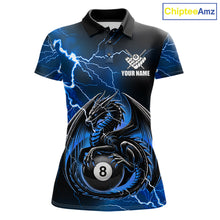 Load image into Gallery viewer, Blue thunder lightning dragon 8 ball billiard polo shirt for women with custom pool team graphics.