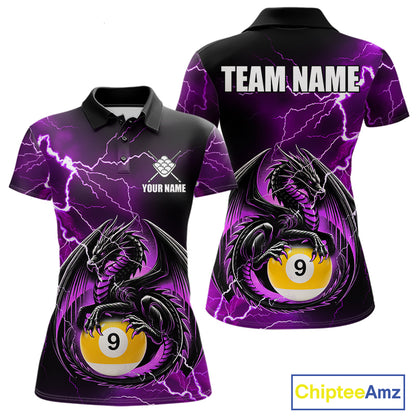 Purple thunder lightning dragon 9 ball billiard polo shirt for women with custom pool team graphics.