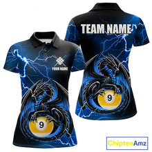 Load image into Gallery viewer, Blue thunder lightning dragon 9 ball billiard polo shirt for women with custom pool team graphics.