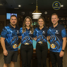 Load image into Gallery viewer, Pool team wearing matching blue thunder lightning dragon 9 ball billiard jerseys during tournament competition front view.