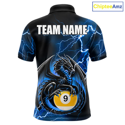 Blue thunder lightning dragon 8 ball and 9 ball billiard polo shirt for men with custom pool team graphics.