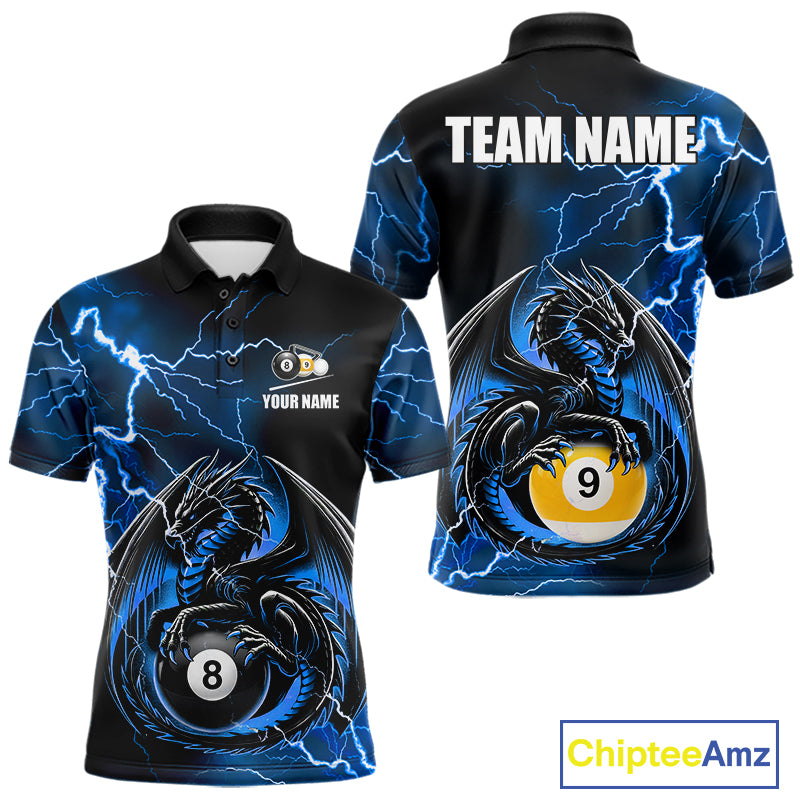 Blue thunder lightning dragon 8 ball and 9 ball billiard polo shirt for men with custom pool team graphics.
