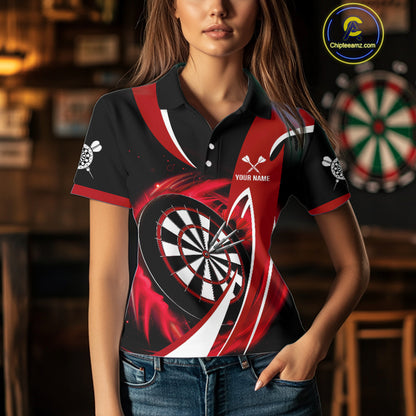 Personalized Red And Black Darts Shirt For Women Custom Darts League Team Polo & 1/4 Zip Jerseys TDM4406