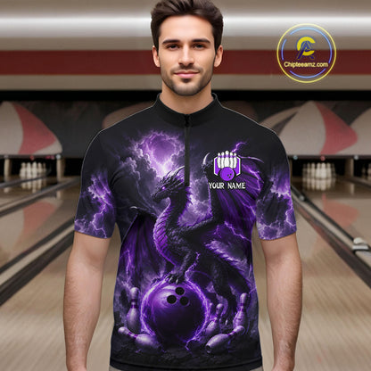 Man wearing personalized purple dragon bowling team jersey quarter zip shirt featuring purple dragon artwork, front view.