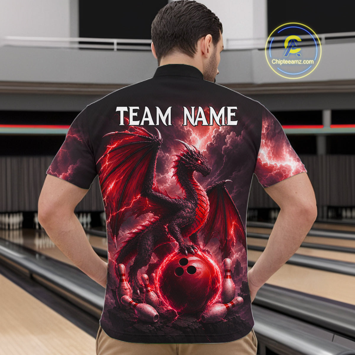 Man wearing personalized red dragon bowling team jersey quarter zip shirt featuring red dragon artwork, back view.