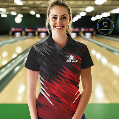 Woman wearing personalized black and red bowling team jersey polo shirt featuring black and red bowling artwork, front view.