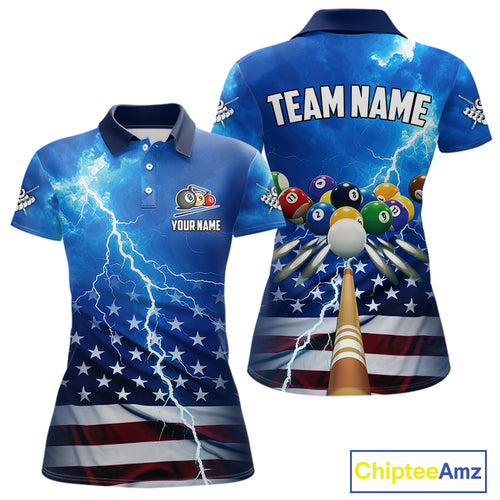 Blue Thunder Lightning American Flag Billiard Shirt For Women Custom Patriotic Pool Balls Jersey TDM4639