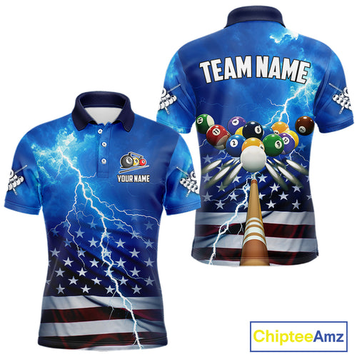 Blue Thunder Lightning American Flag Billiard Shirt For Men Custom Patriotic Pool Balls Jersey TDM4639