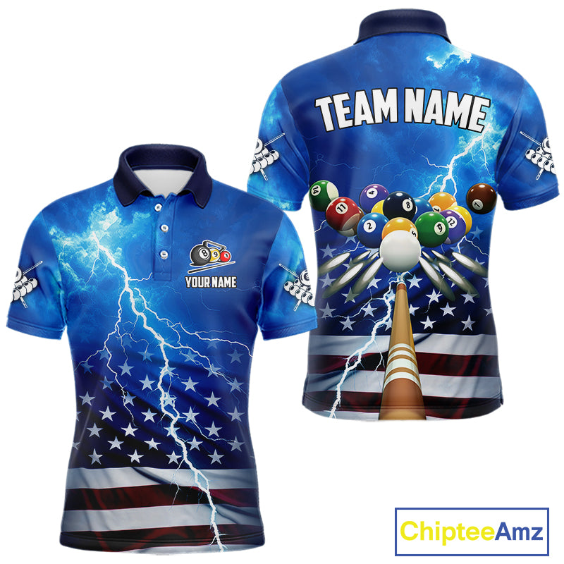 Blue Thunder Lightning American Flag Billiard Shirt For Men Custom Patriotic Pool Balls Jersey TDM4639