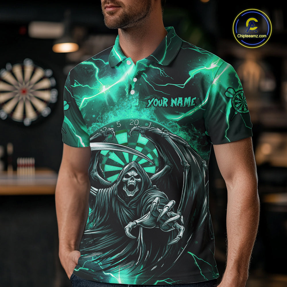 Personalized Turquoise Grim Reaper Custom Thunder Lightning Men Dart Shirts, 3D Darts Team Jerseys TDM2800