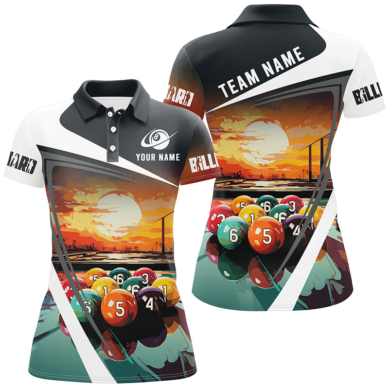 Funny Colorful Billiard Balls Sunset Painting Personalized Women Polo Shirts, Unique Billiard Attire TDM1121