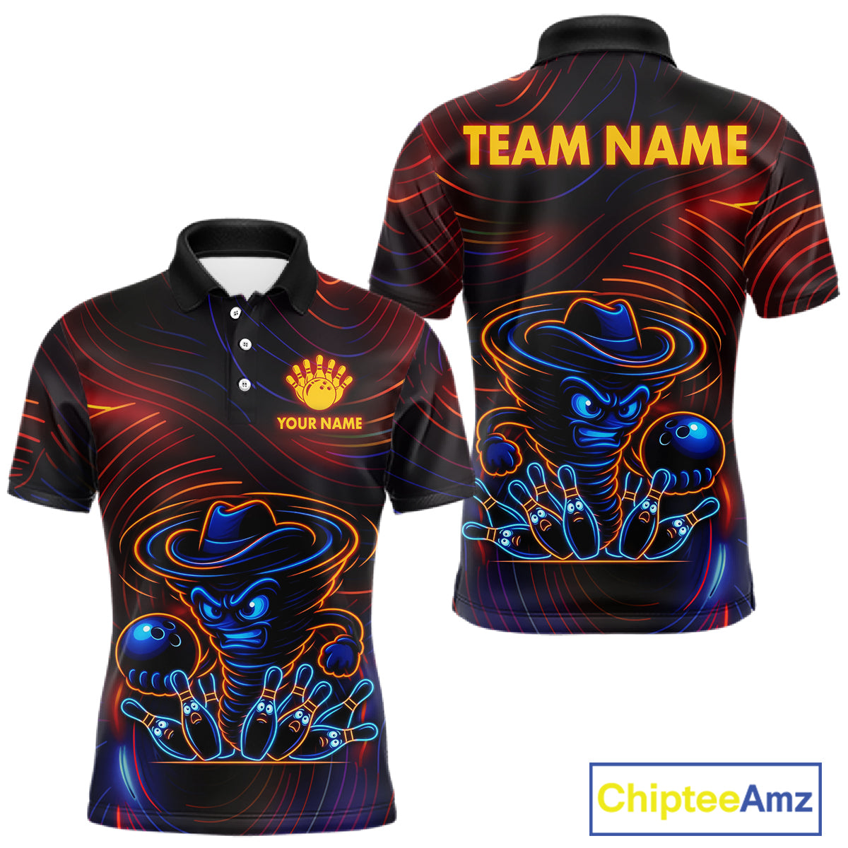 Funny Neon Tornado Pin Bowling Shirt For Men Custom Bowling Team Jersey Polo & 1/4 Zip TDM6148