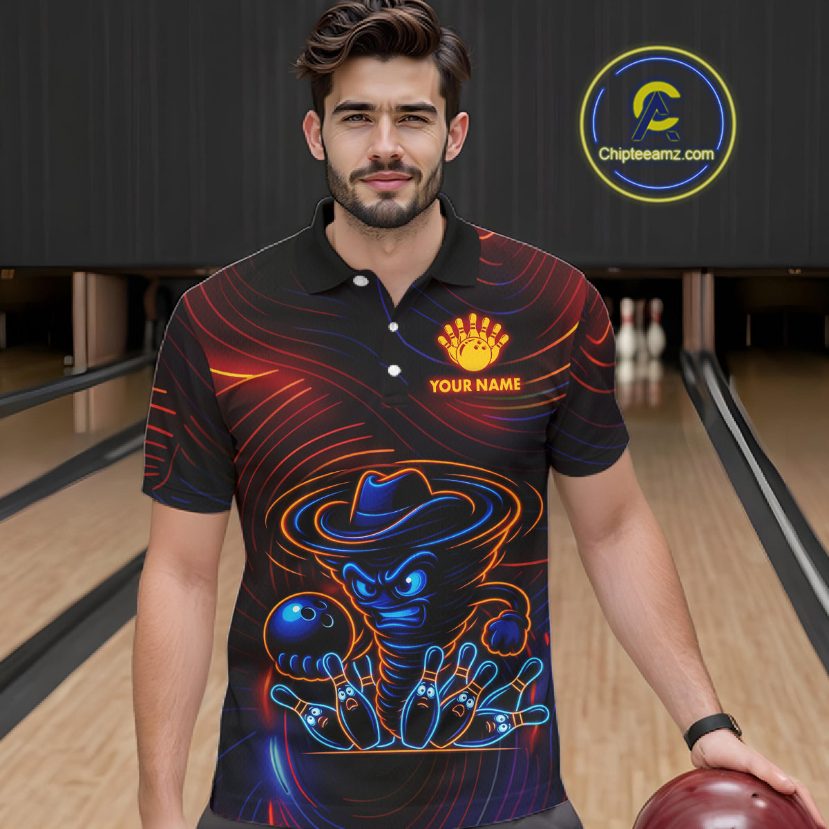 Funny Neon Tornado Pin Bowling Shirt For Men Custom Bowling Team Jersey Polo & 1/4 Zip TDM6148